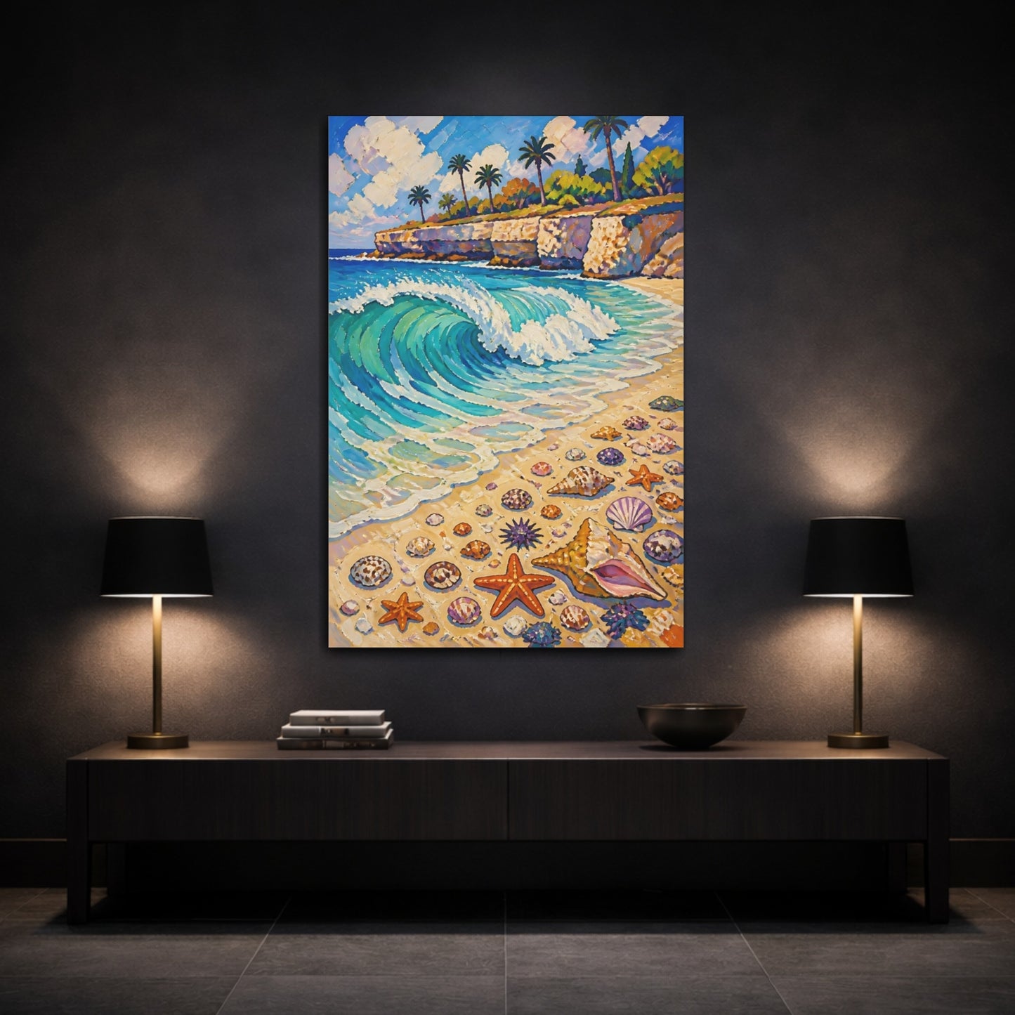 Mockup 3. Coastal Wave With Shells shown as canvas print
