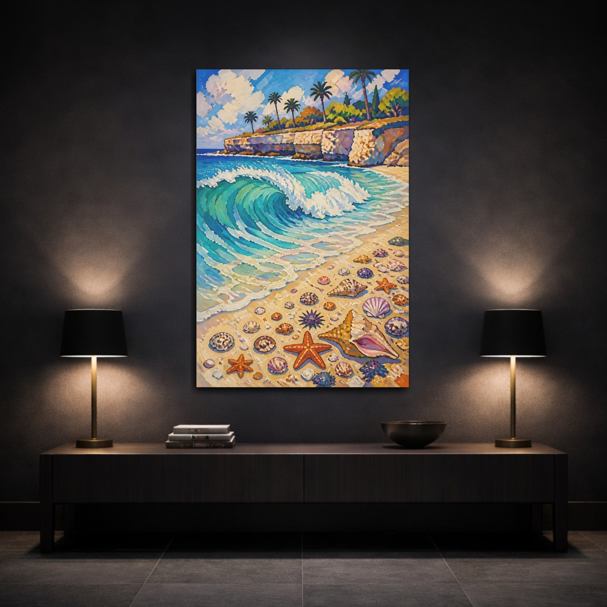 Mockup 3. Coastal Wave With Shells shown as canvas print