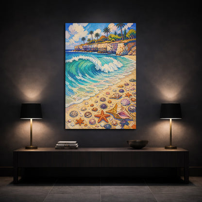 Mockup 3. Coastal Wave With Shells shown as canvas print