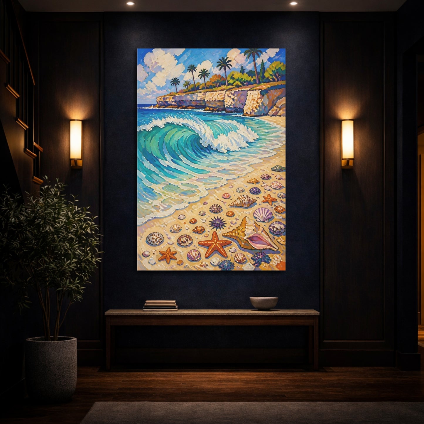 Mockup 4. Coastal Wave With Shells shown as canvas print
