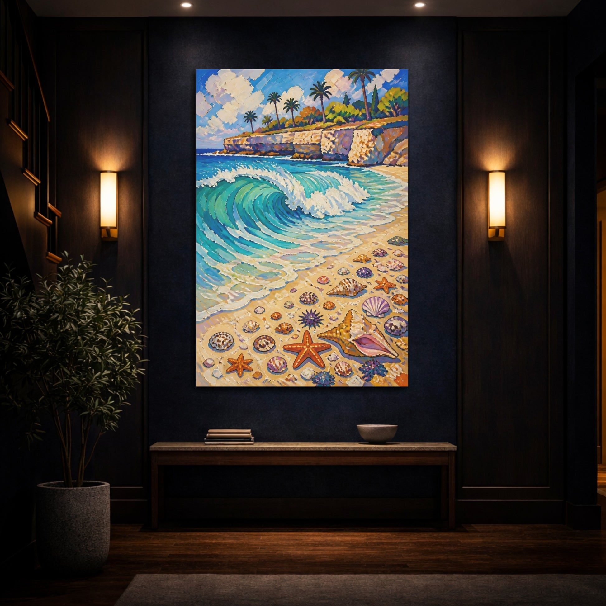 Mockup 4. Coastal Wave With Shells shown as canvas print