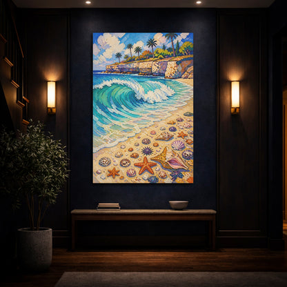 Mockup 4. Coastal Wave With Shells shown as canvas print