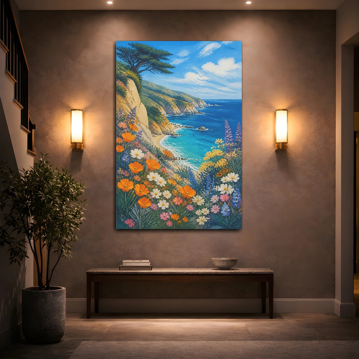 Mockup 2. Coastal Wildflower Cliff shown as canvas print