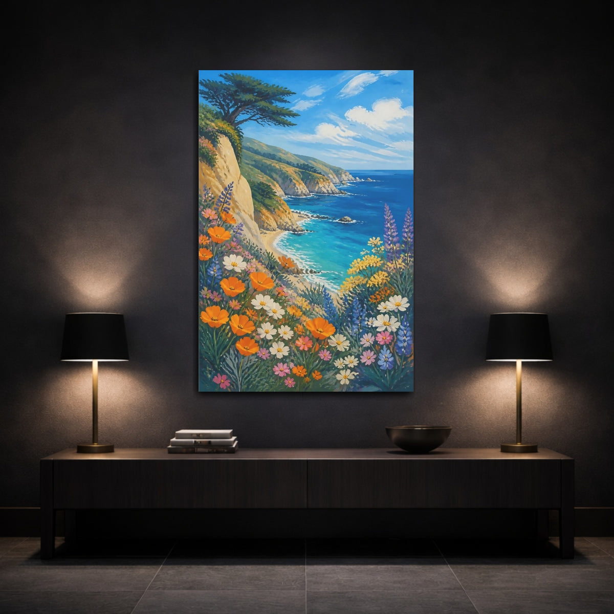 Mockup 3. Coastal Wildflower Cliff shown as canvas print