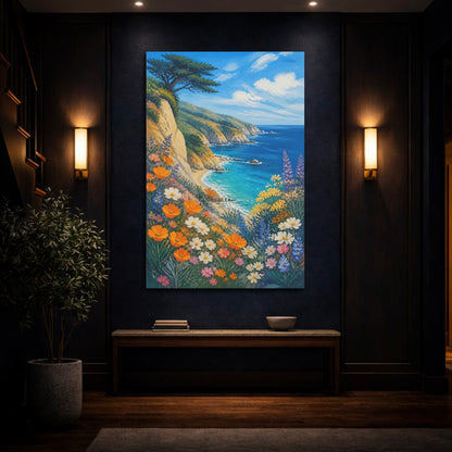 Mockup 4. Coastal Wildflower Cliff shown as canvas print