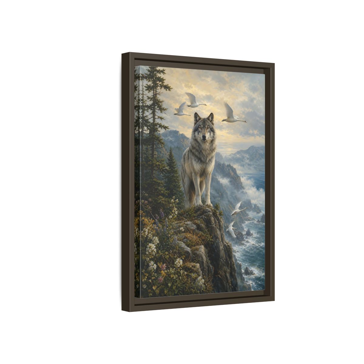 Side Mockup 5. Coastal Wolf Sentinel shown as framed canvas print
