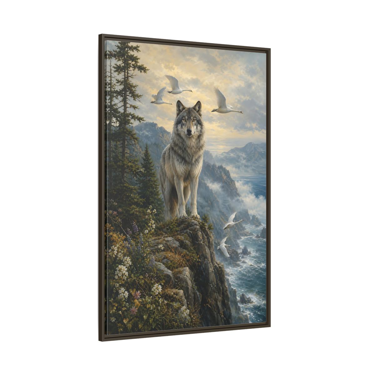 Side Mockup 8. Coastal Wolf Sentinel shown as framed canvas print