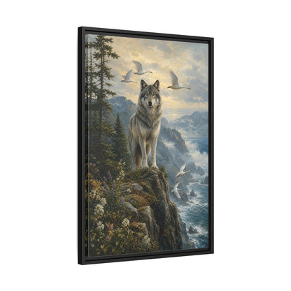 Side Mockup 14. Coastal Wolf Sentinel shown as framed canvas print