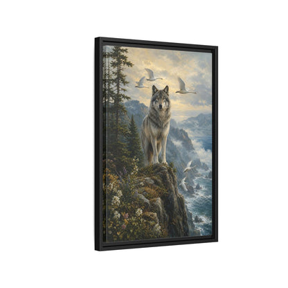 Side Mockup 3. Coastal Wolf Sentinel shown as framed canvas print