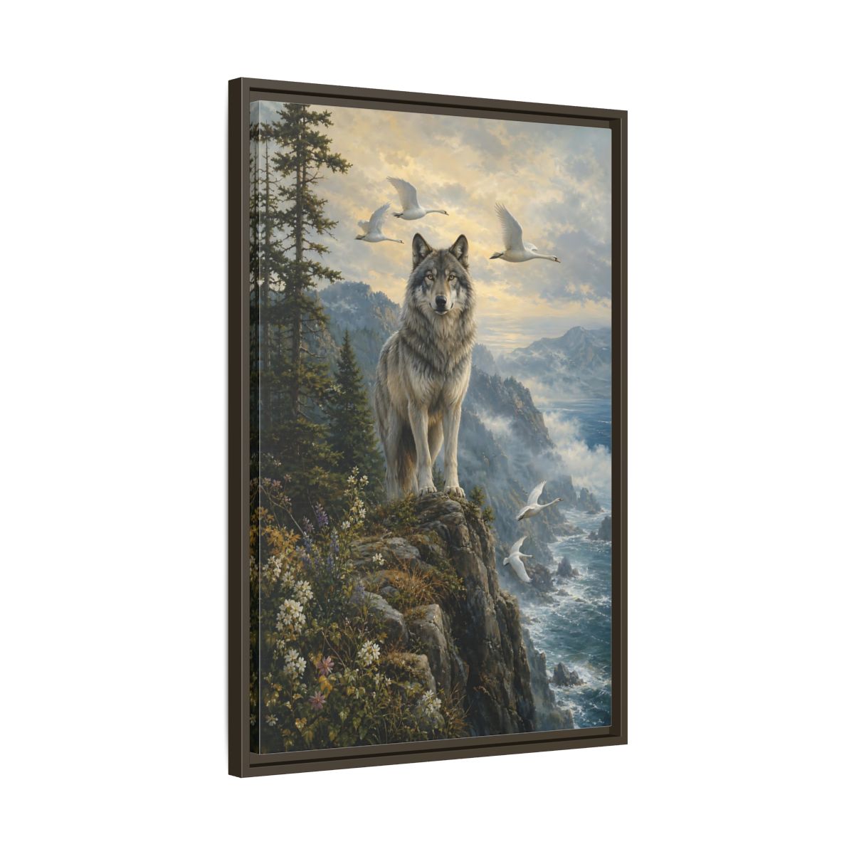 Side Mockup 11. Coastal Wolf Sentinel shown as framed canvas print