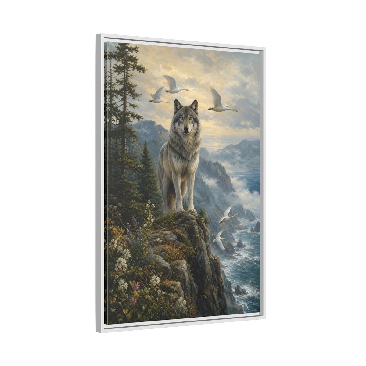 Side Mockup 9. Coastal Wolf Sentinel shown as framed canvas print