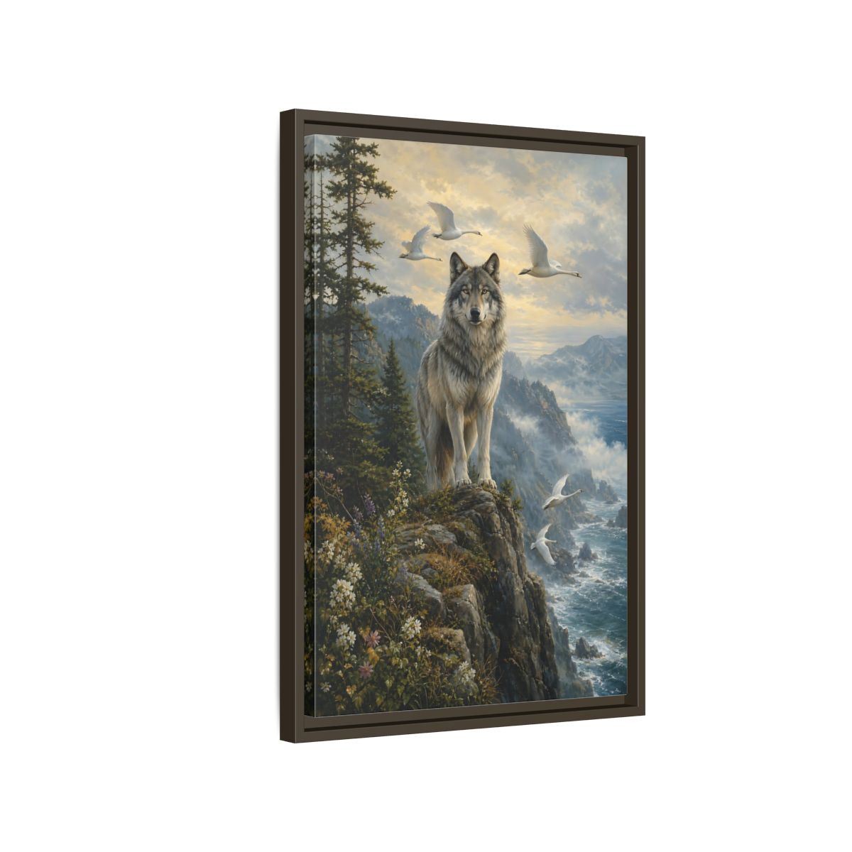 Side Mockup 2. Coastal Wolf Sentinel shown as framed canvas print
