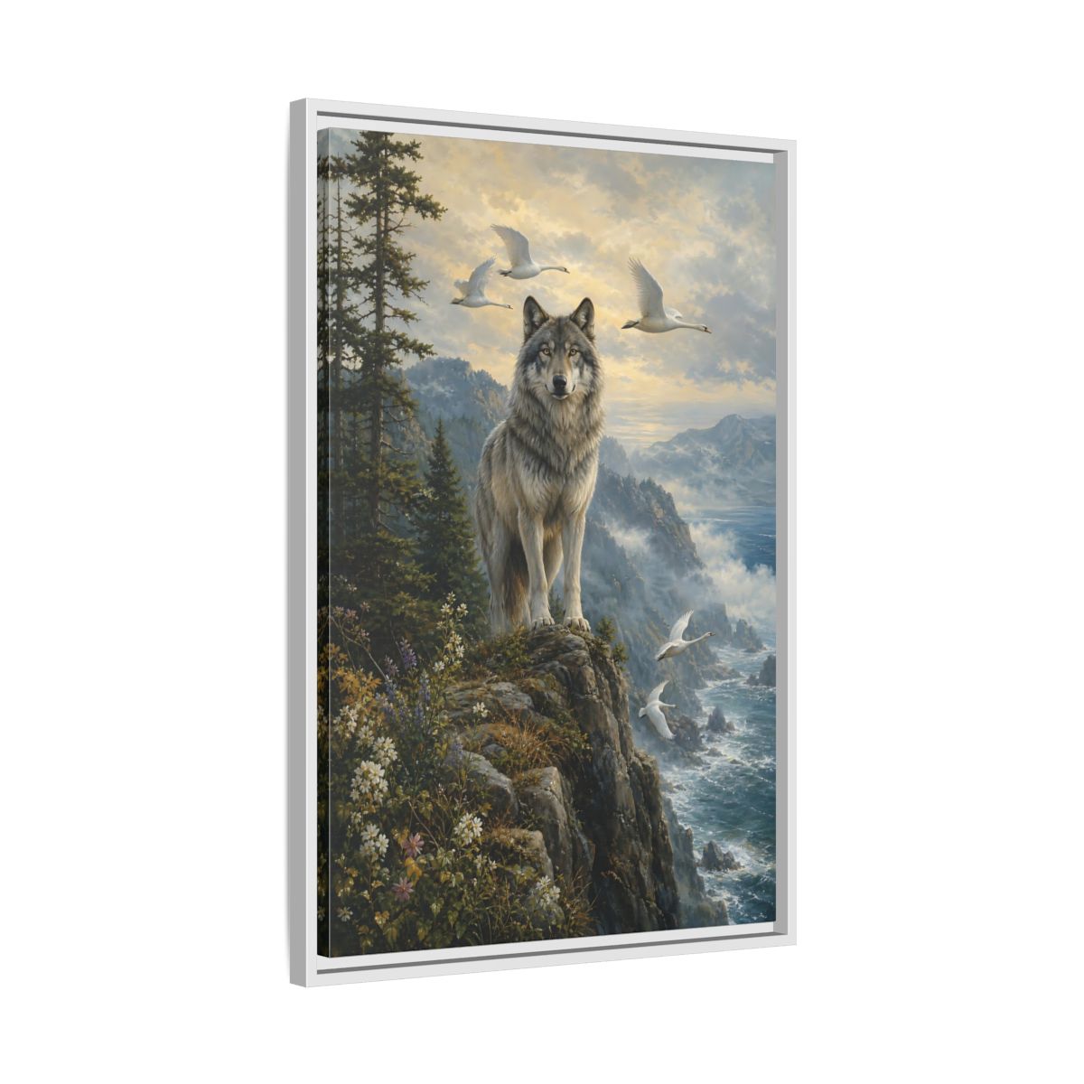 Side Mockup 10. Coastal Wolf Sentinel shown as framed canvas print