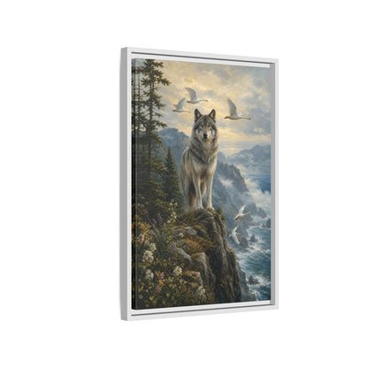 Side Mockup 1. Coastal Wolf Sentinel shown as framed canvas print