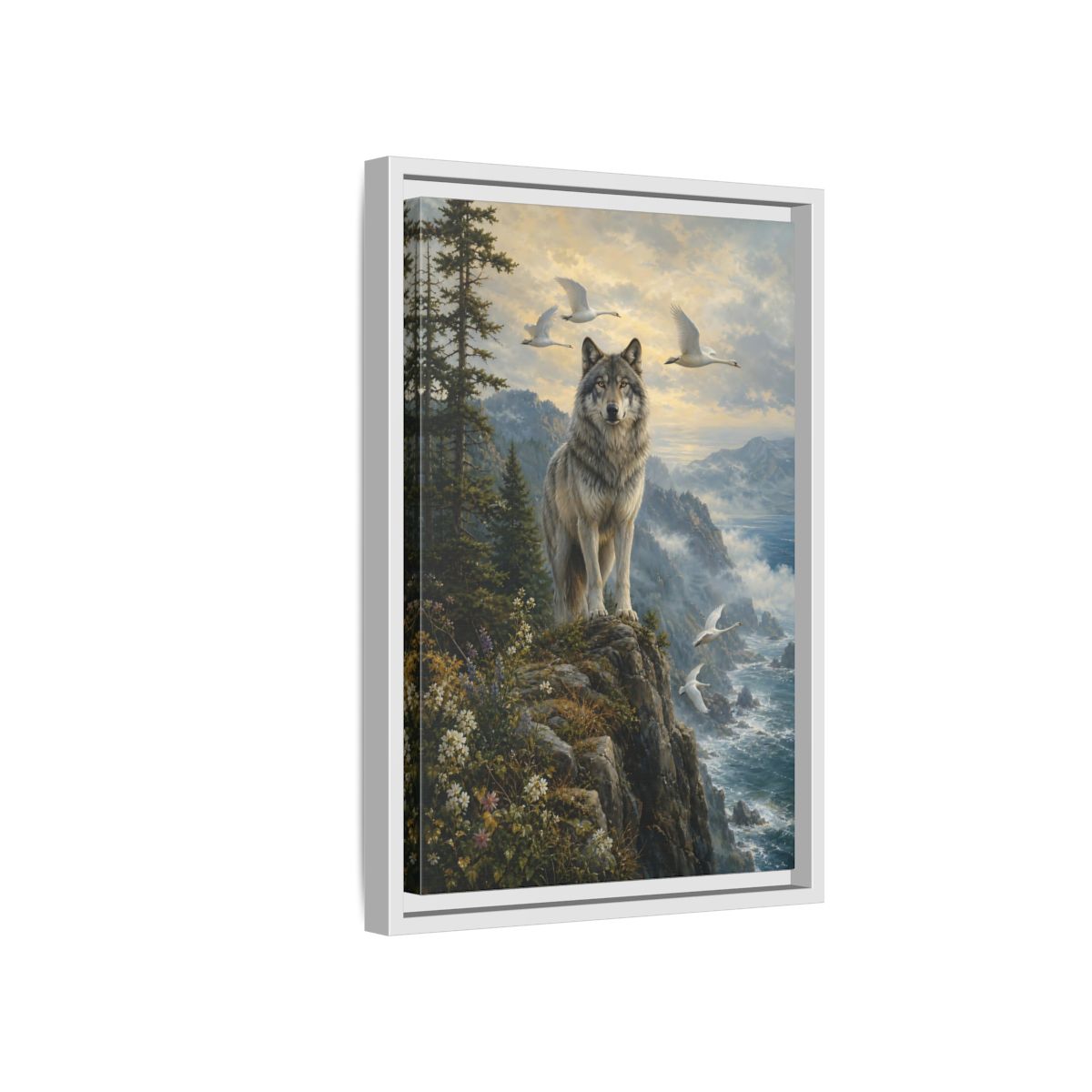 Side Mockup 4. Coastal Wolf Sentinel shown as framed canvas print