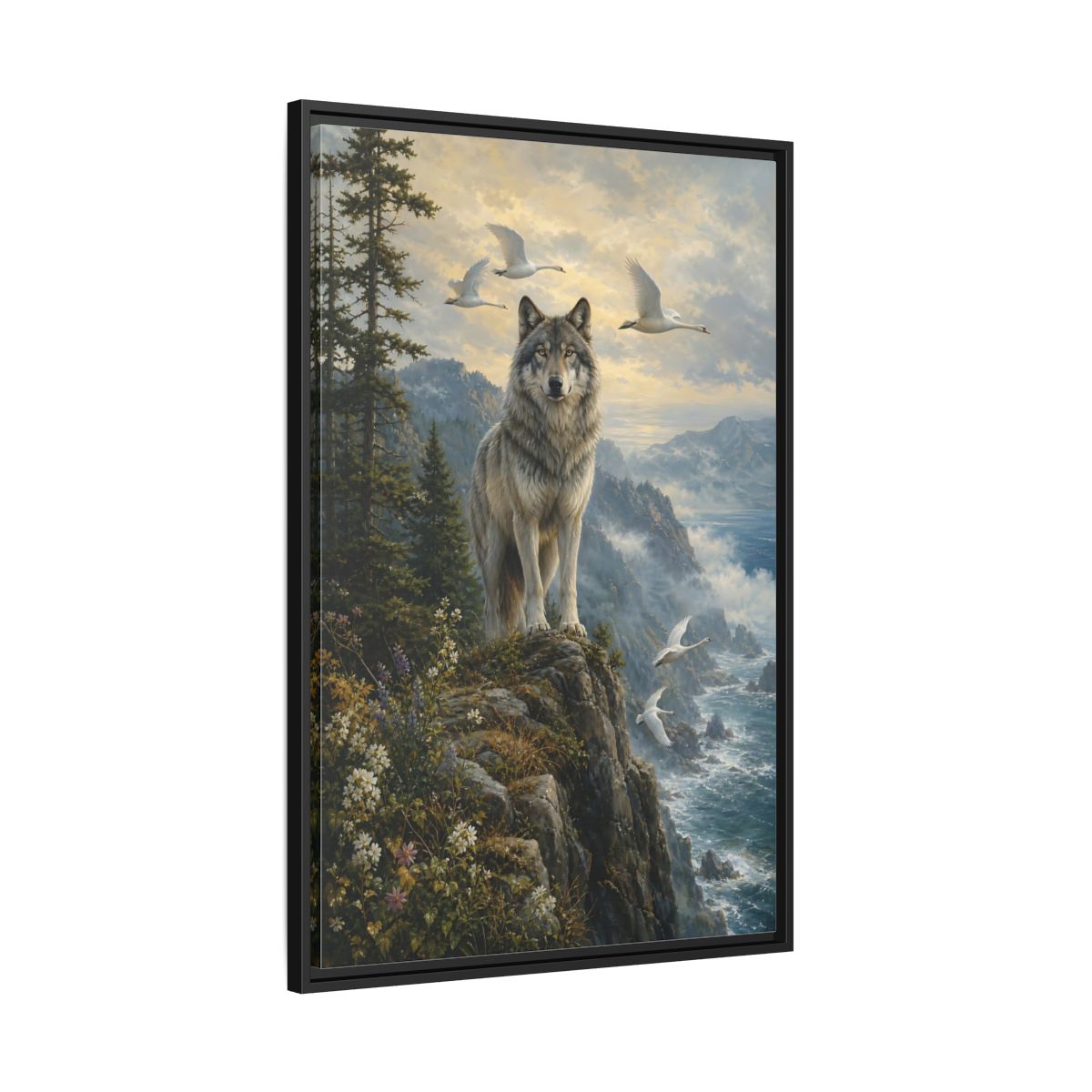 Side Mockup 13. Coastal Wolf Sentinel shown as framed canvas print