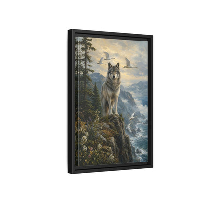 Side Mockup 6. Coastal Wolf Sentinel shown as framed canvas print
