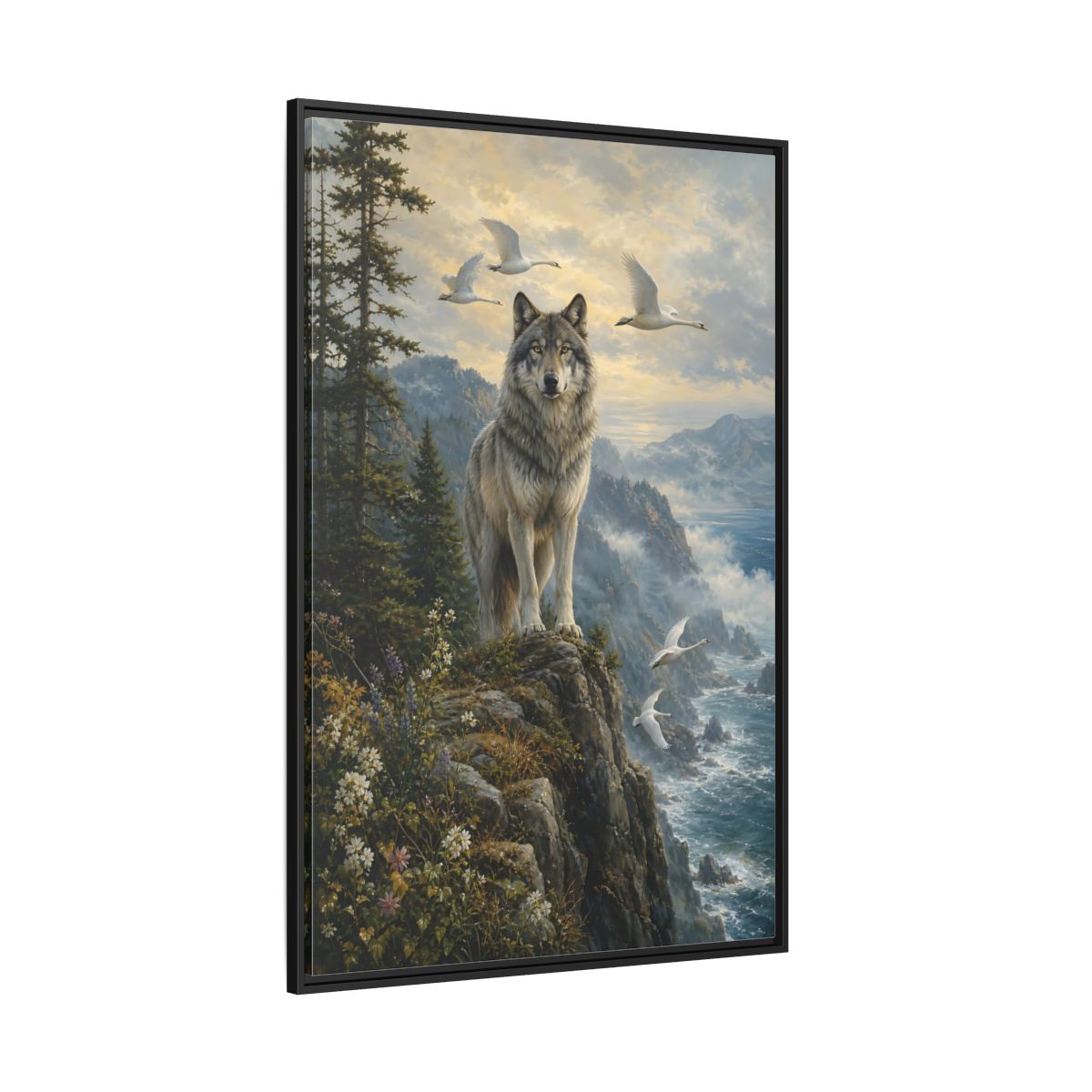 Side Mockup 12. Coastal Wolf Sentinel shown as framed canvas print