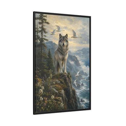 Side Mockup 12. Coastal Wolf Sentinel shown as framed canvas print