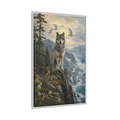 Side Mockup 7. Coastal Wolf Sentinel shown as framed canvas print