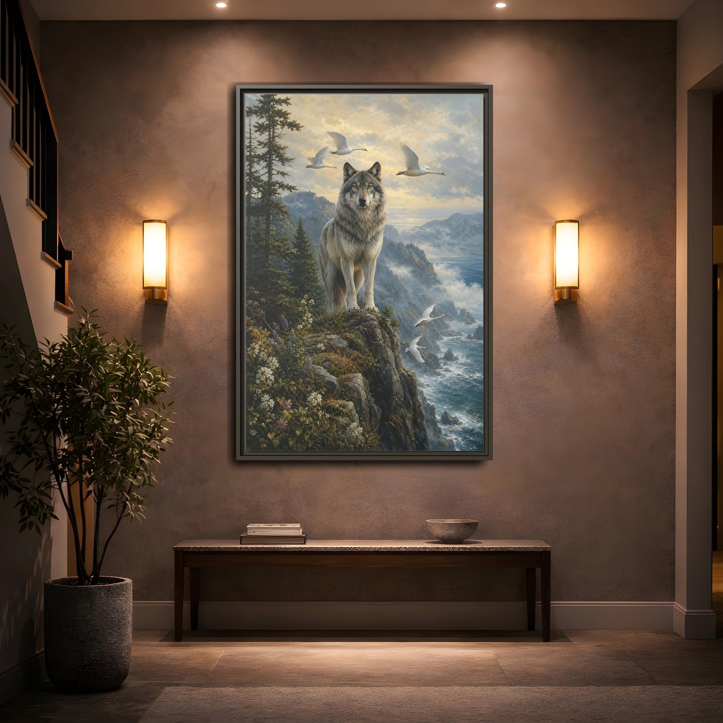 Mockup 2. Coastal Wolf Sentinel shown as framed canvas print