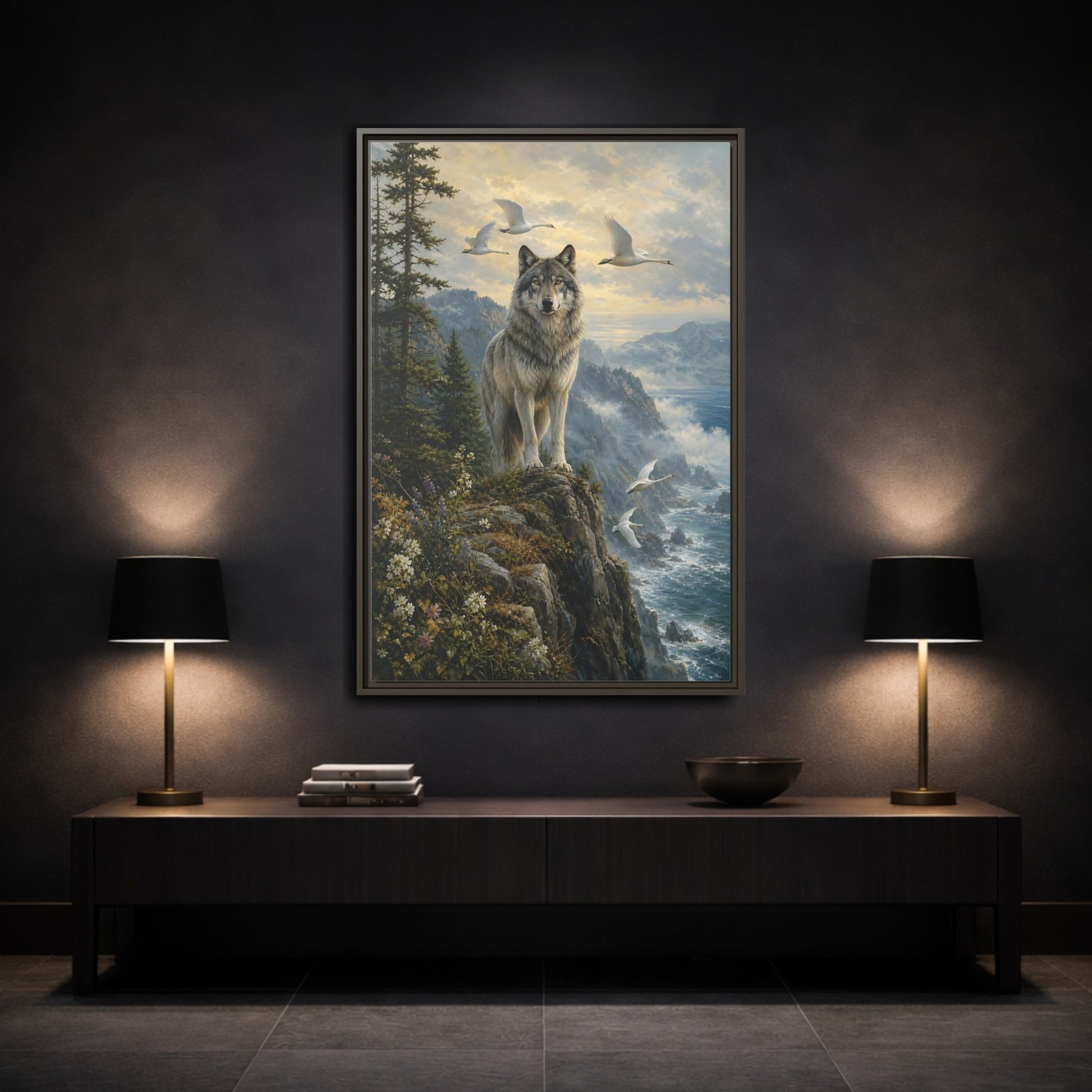 Mockup 3. Coastal Wolf Sentinel shown as framed canvas print