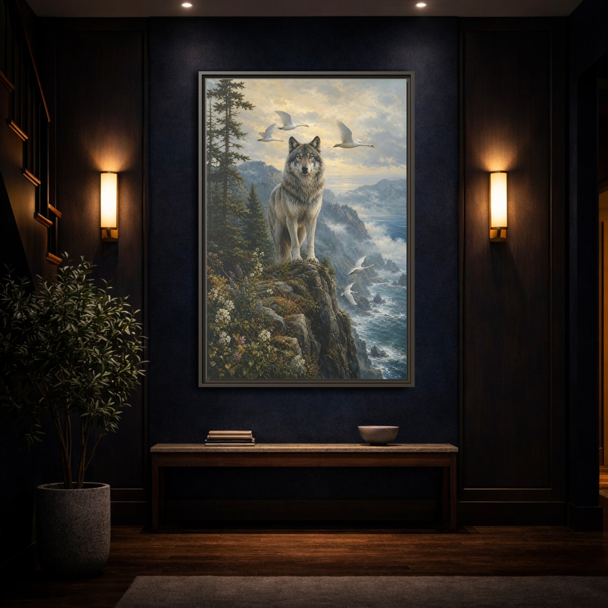 Mockup 4. Coastal Wolf Sentinel shown as framed canvas print