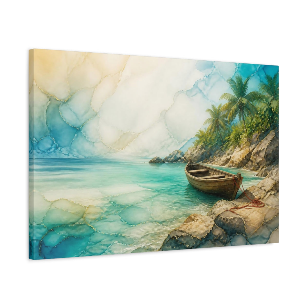 Side Mockup 2. Coastal Wooden Skiff shown as canvas print