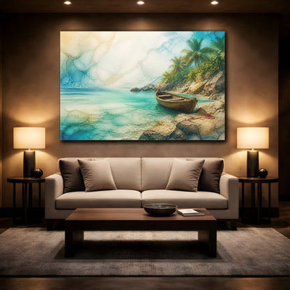 Mockup 2. Coastal Wooden Skiff shown as canvas print