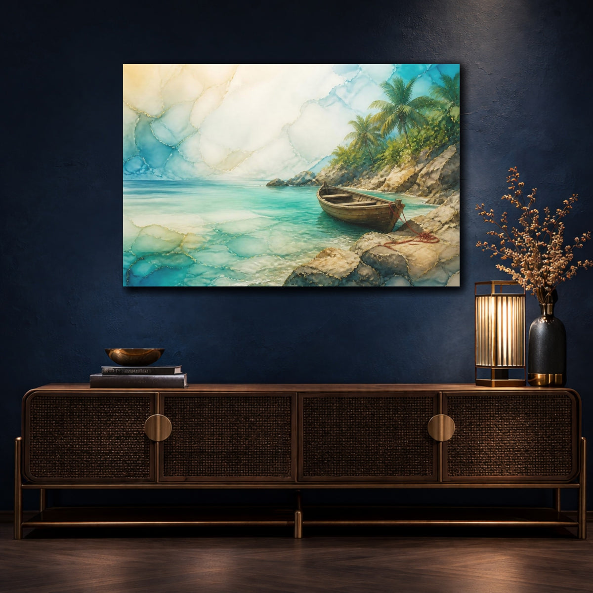 Mockup 4. Coastal Wooden Skiff shown as canvas print