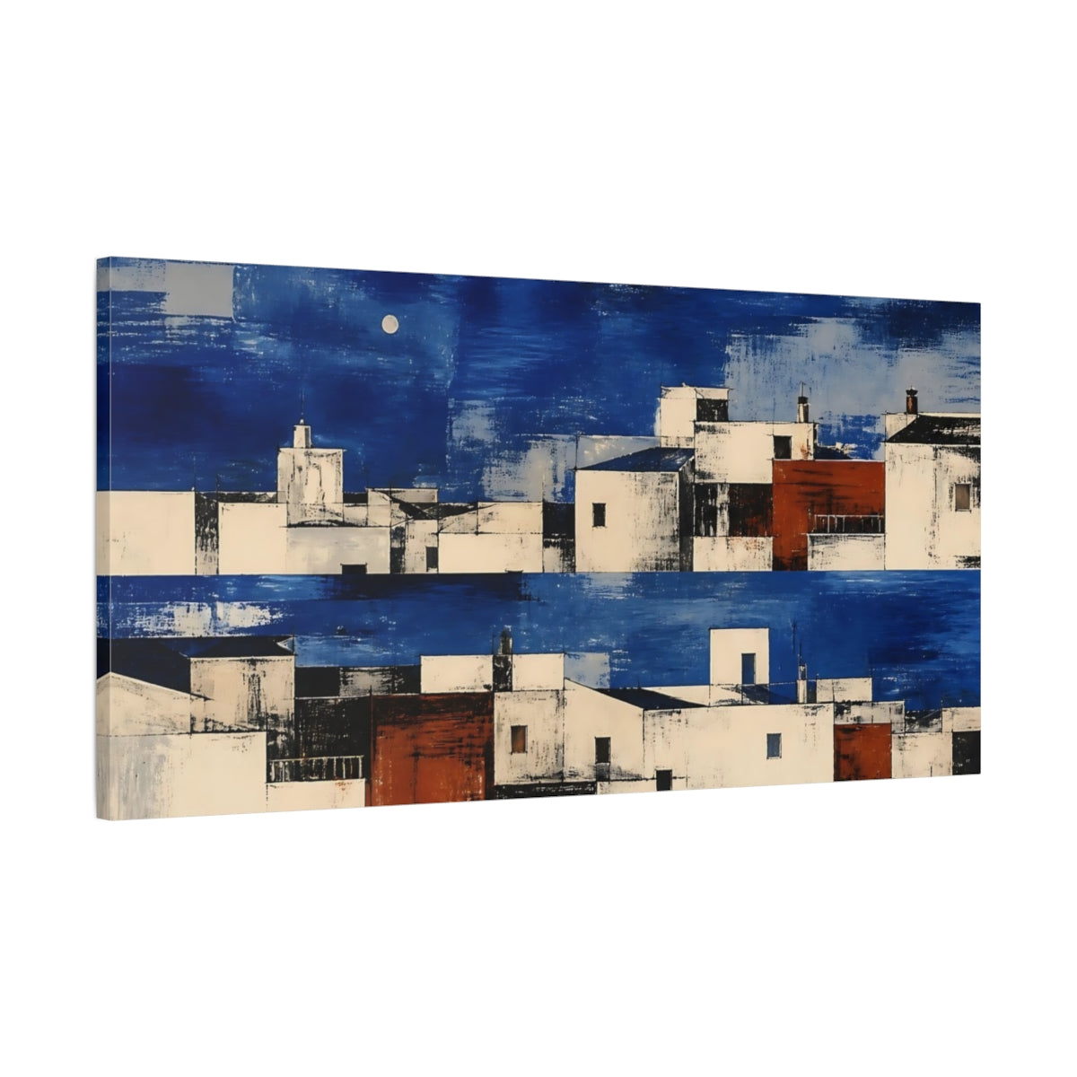 Main Mockup. Cobalt Rooftops At Dusk shown as canvas print