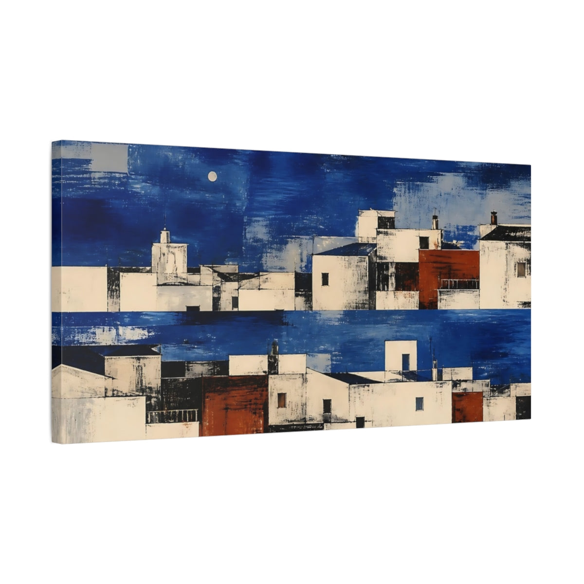 Side Mockup 1. Cobalt Rooftops At Dusk shown as canvas print