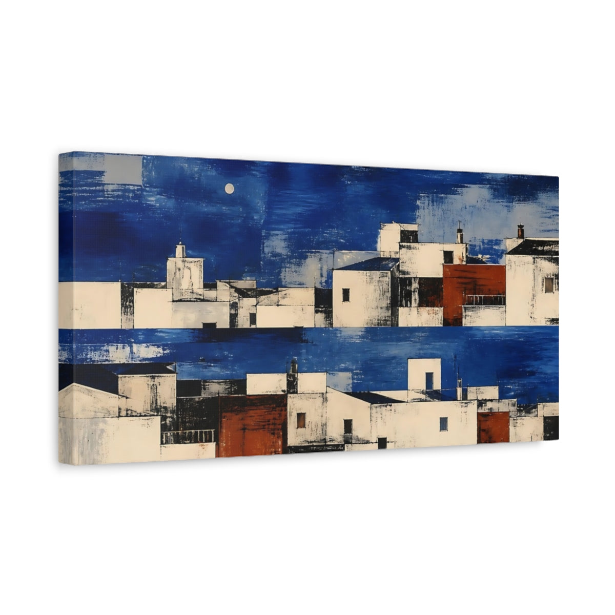 Side Mockup 3. Cobalt Rooftops At Dusk shown as canvas print