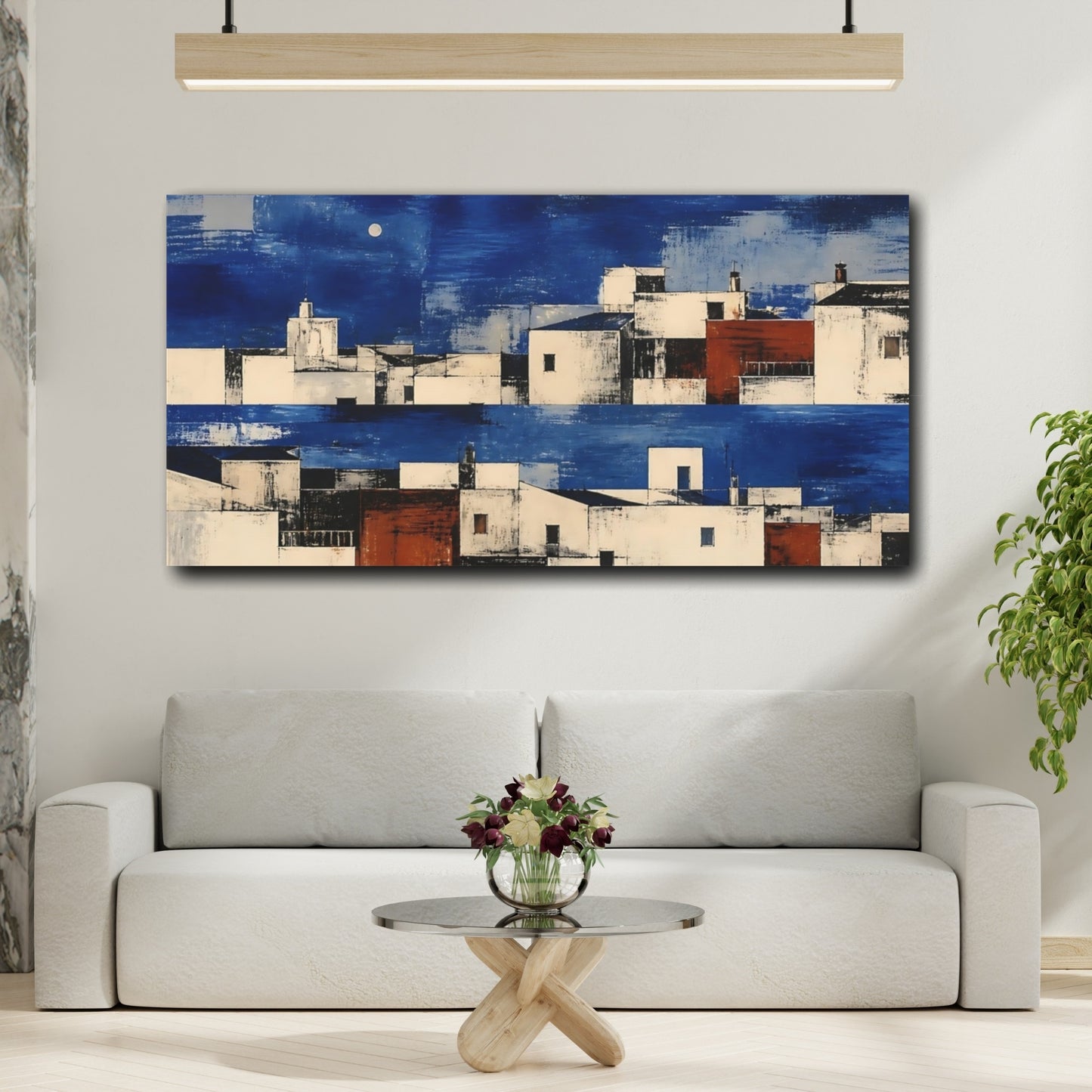 Mockup 2. Cobalt Rooftops At Dusk shown as canvas print