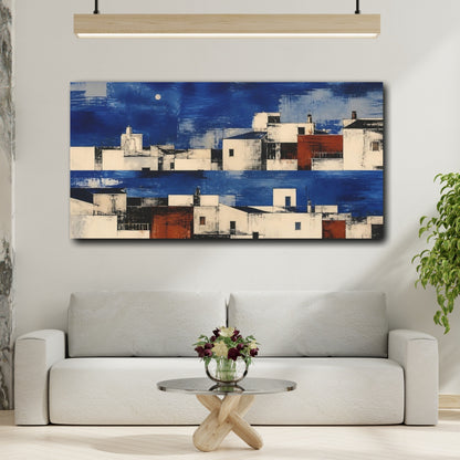 Mockup 2. Cobalt Rooftops At Dusk shown as canvas print