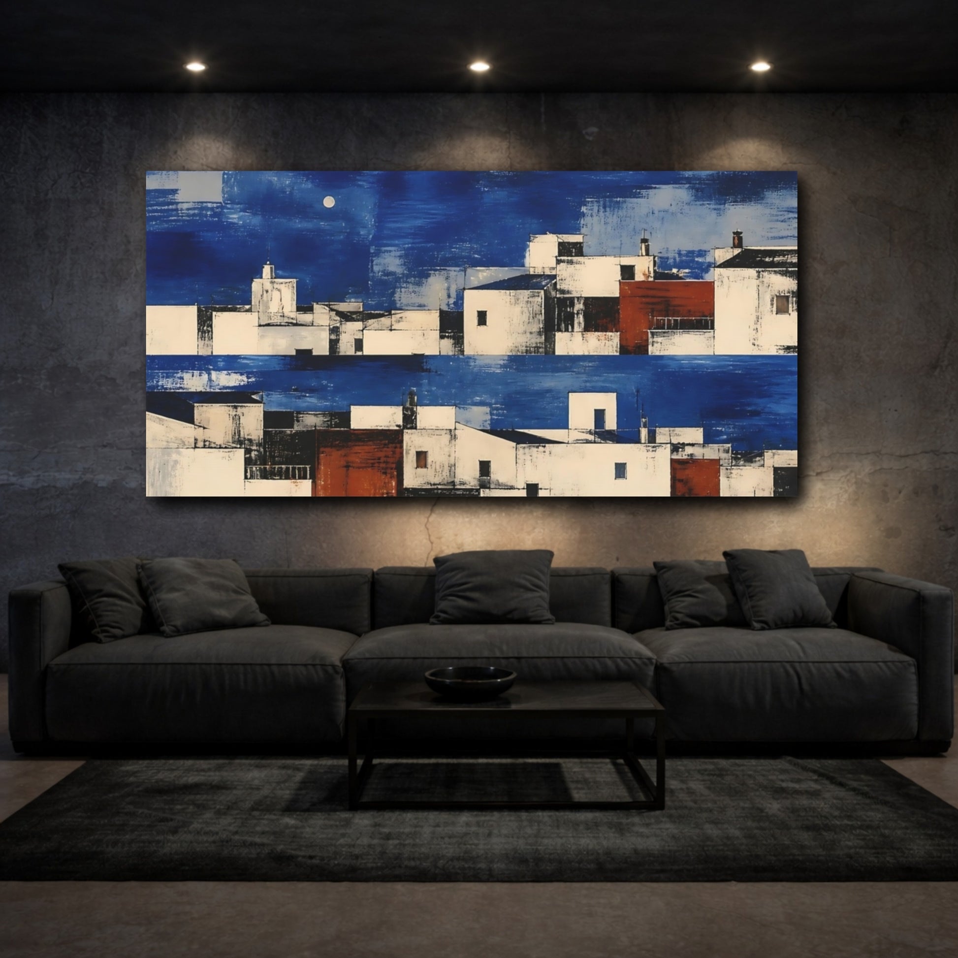 Mockup 3. Cobalt Rooftops At Dusk shown as canvas print