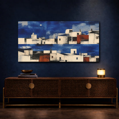 Mockup 4. Cobalt Rooftops At Dusk shown as canvas print