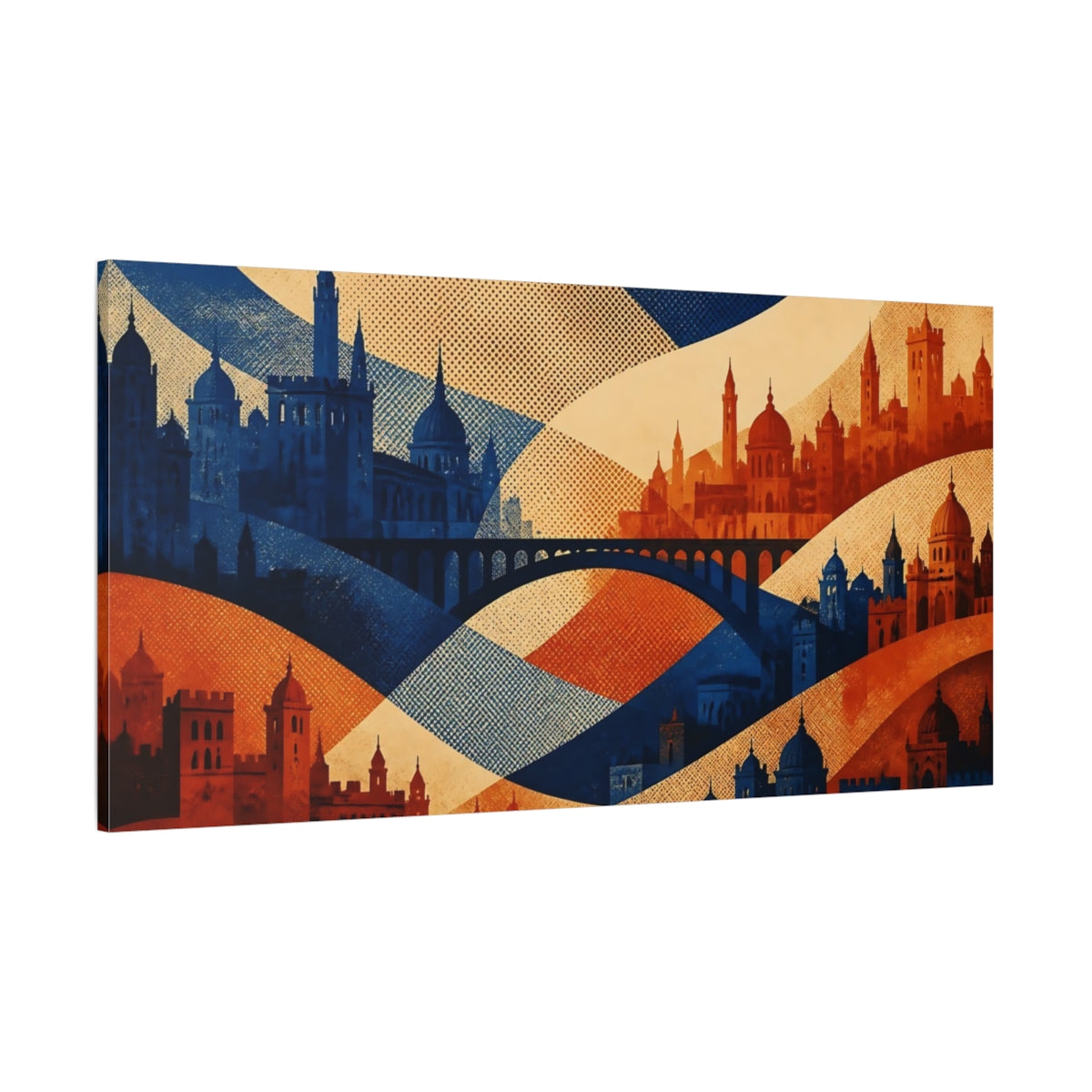 Side Mockup 2. Cobalt Rust City Bridge shown as canvas print
