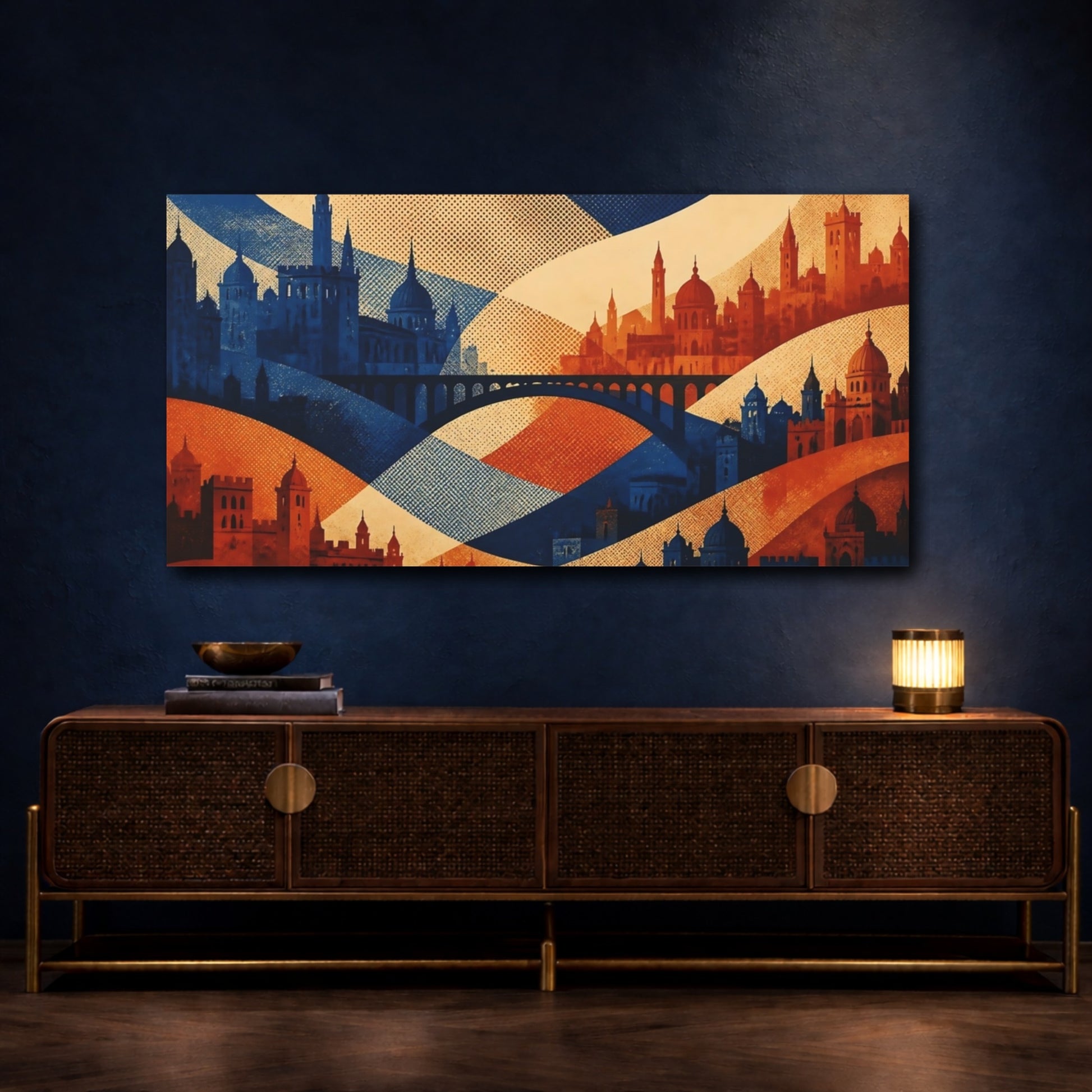 Mockup 4. Cobalt Rust City Bridge shown as canvas print