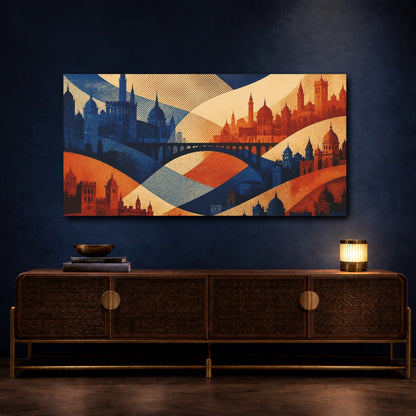 Mockup 4. Cobalt Rust City Bridge shown as canvas print