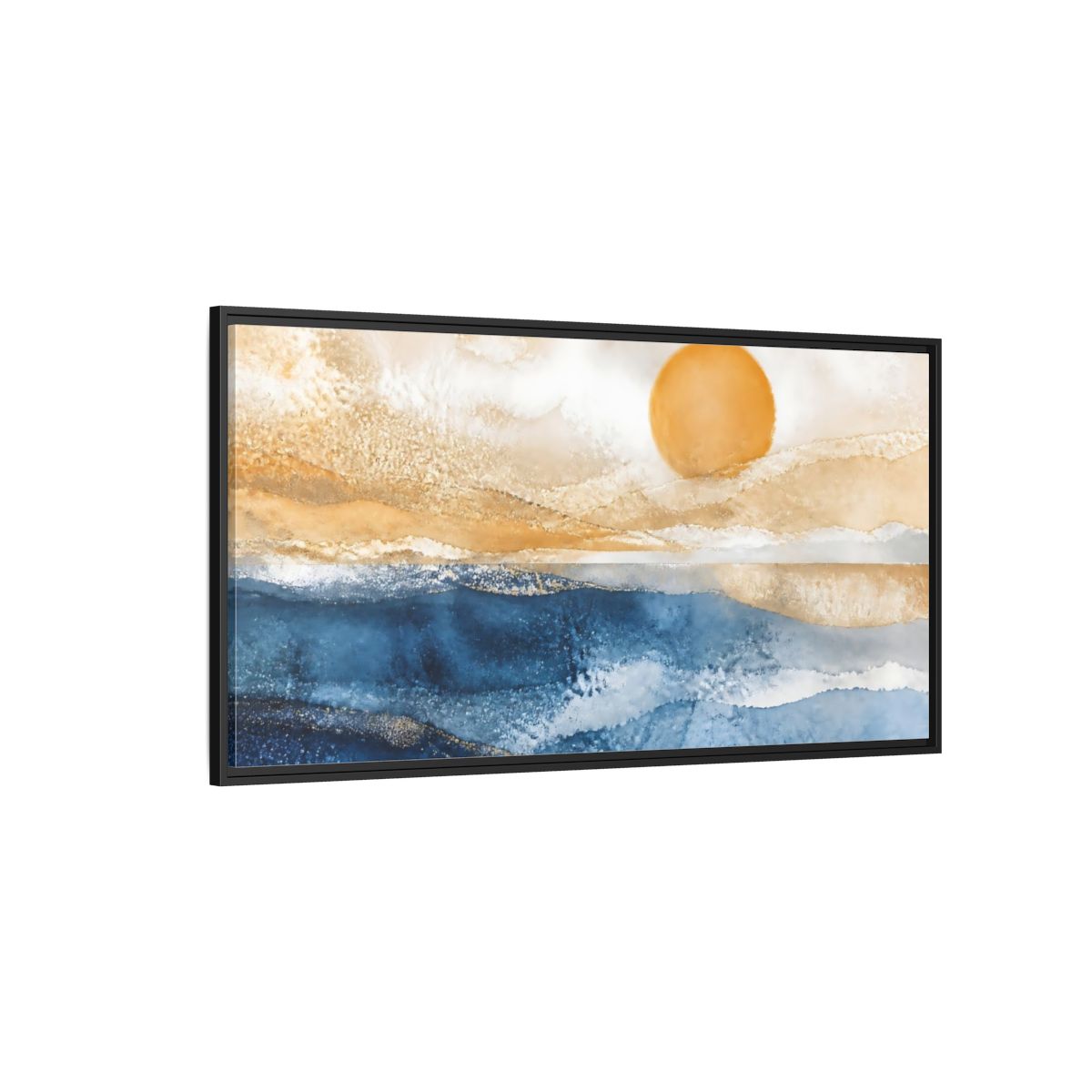 Side Mockup 5. Cobalt Sun Over Sea shown as framed canvas print