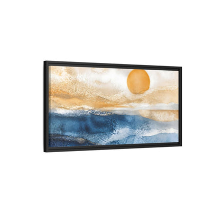 Side Mockup 2. Cobalt Sun Over Sea shown as framed canvas print