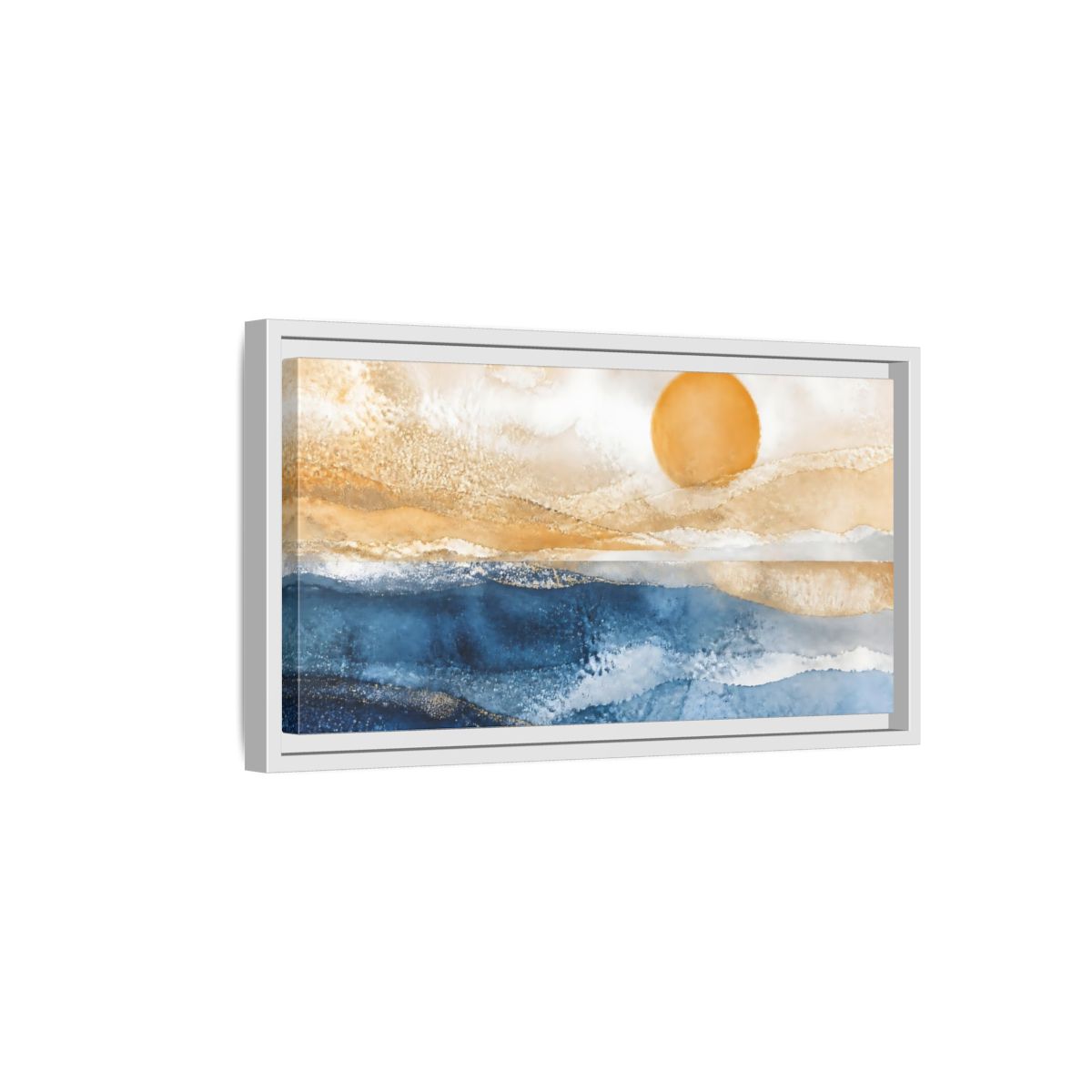 Side Mockup 6. Cobalt Sun Over Sea shown as framed canvas print