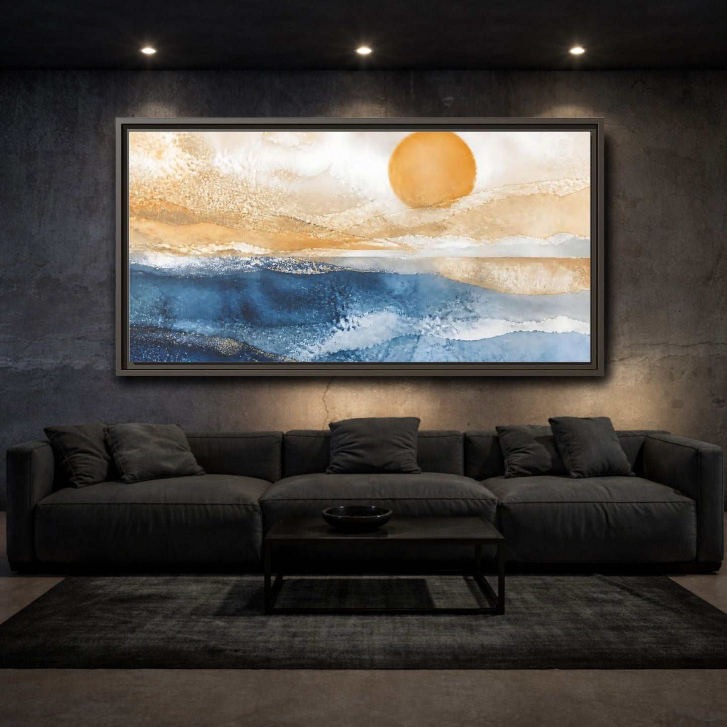 Mockup 3. Cobalt Sun Over Sea shown as framed canvas print