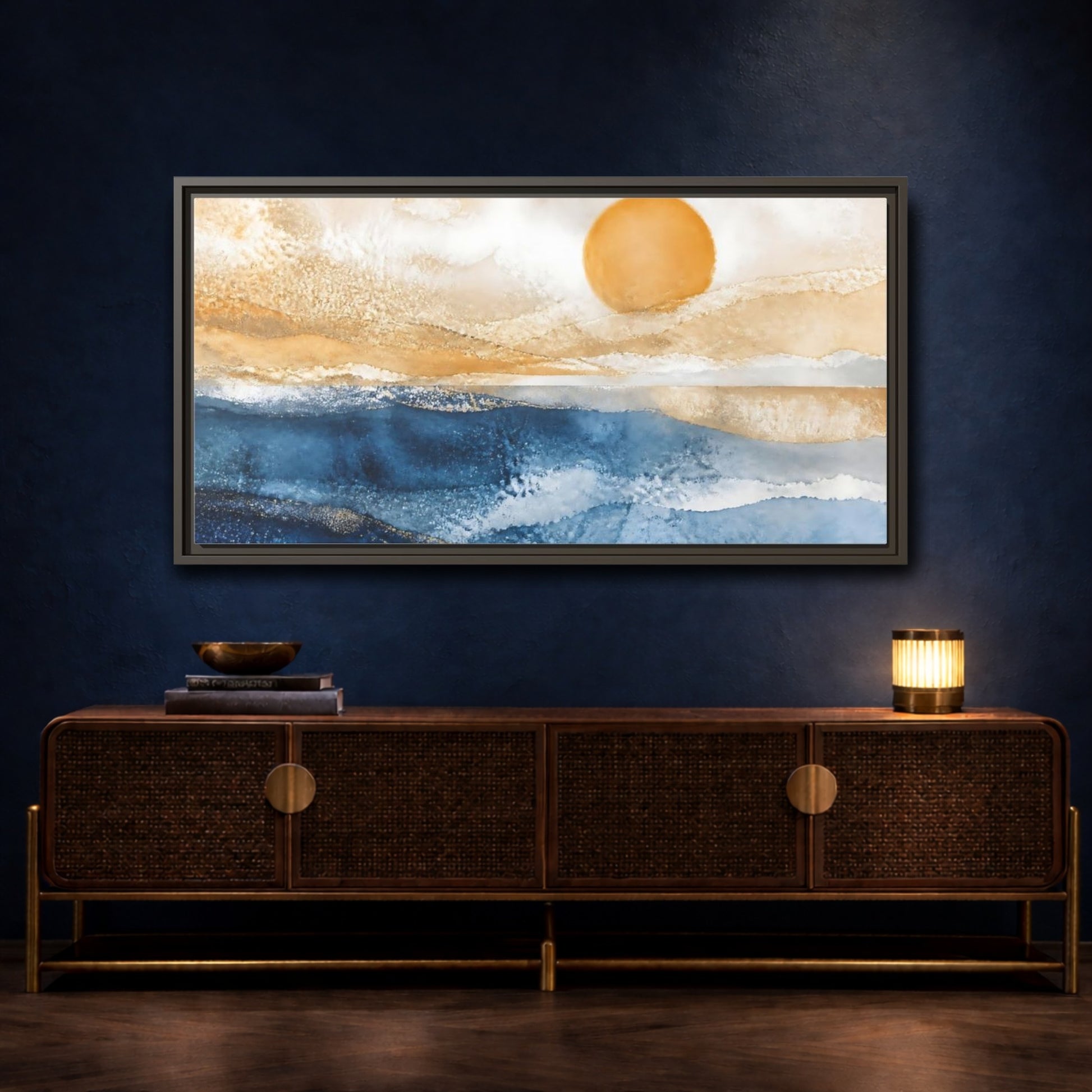 Mockup 4. Cobalt Sun Over Sea shown as framed canvas print