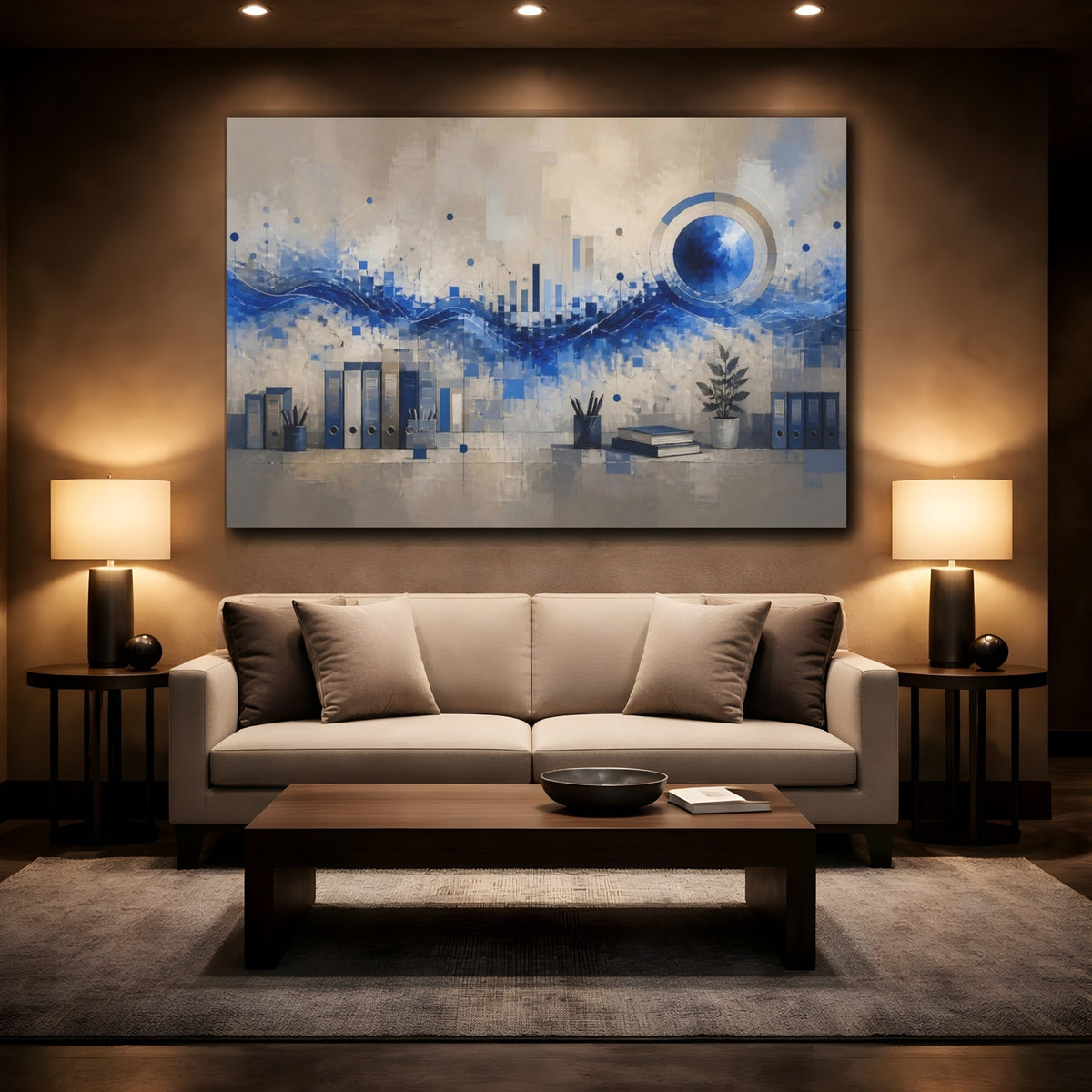 Mockup 2. Cobalt Wave Office Scene shown as canvas print