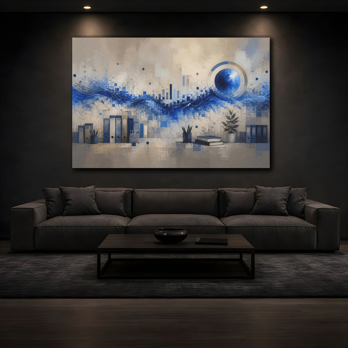 Mockup 3. Cobalt Wave Office Scene shown as canvas print