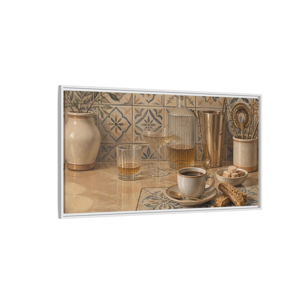 Side Mockup 3. Coffee And Biscotti On Tile shown as framed canvas print
