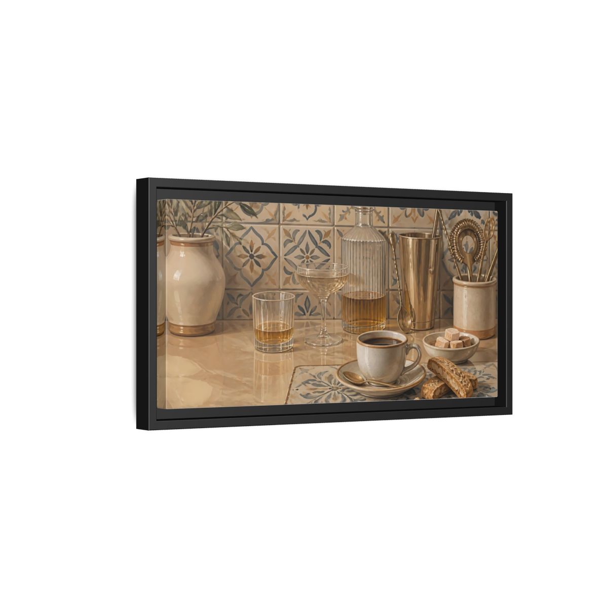 Side Mockup 8. Coffee And Biscotti On Tile shown as framed canvas print