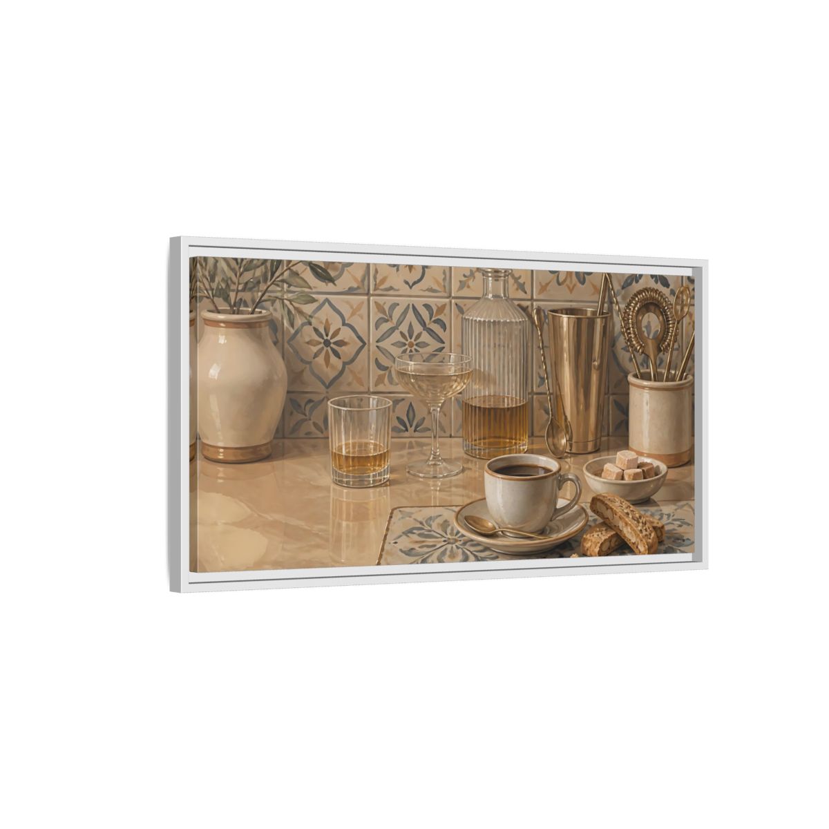 Side Mockup 1. Coffee And Biscotti On Tile shown as framed canvas print